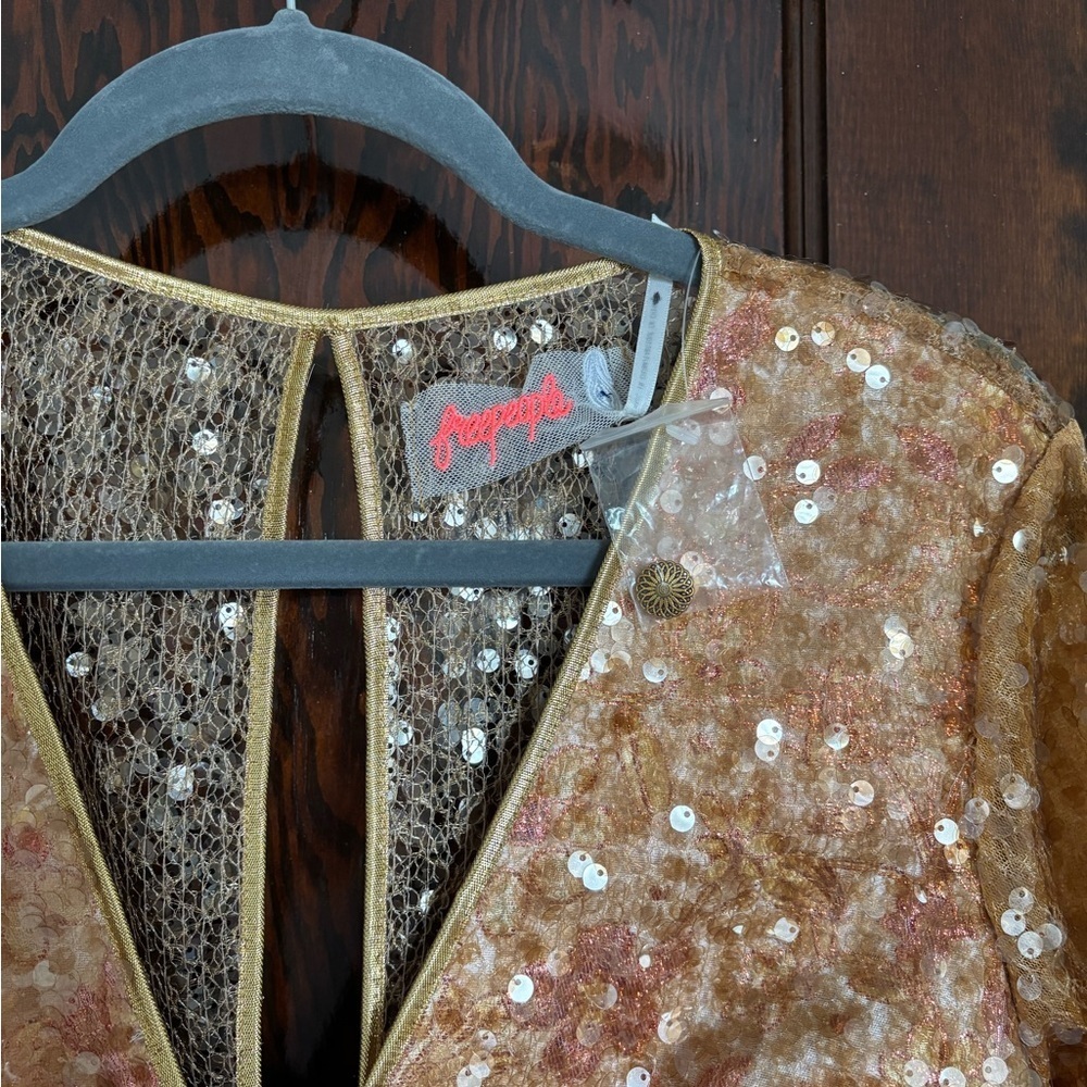 NWT Free People Stars Align Gold Sequin Mesh Long Sleeve Mini Party Dress - Picture 2 of 12